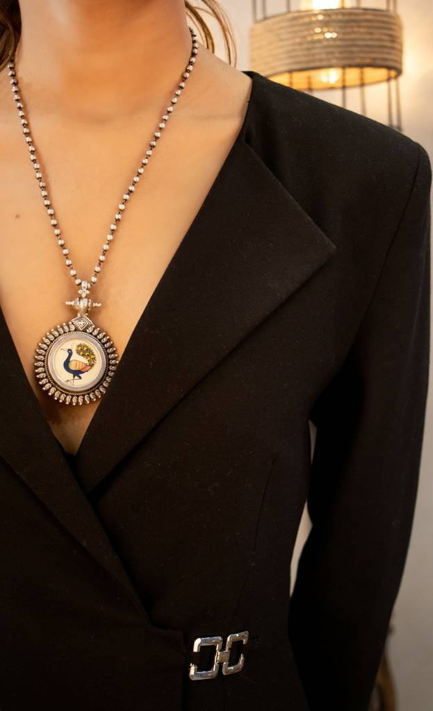 925 Sterling Silver Moh Handpainted Peacock Pendant : SN401025