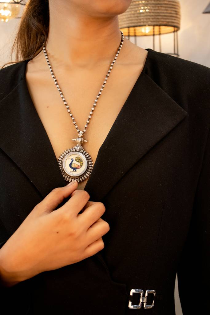 925 Sterling Silver Moh Handpainted Peacock Ball Chain Necklace : SN203098