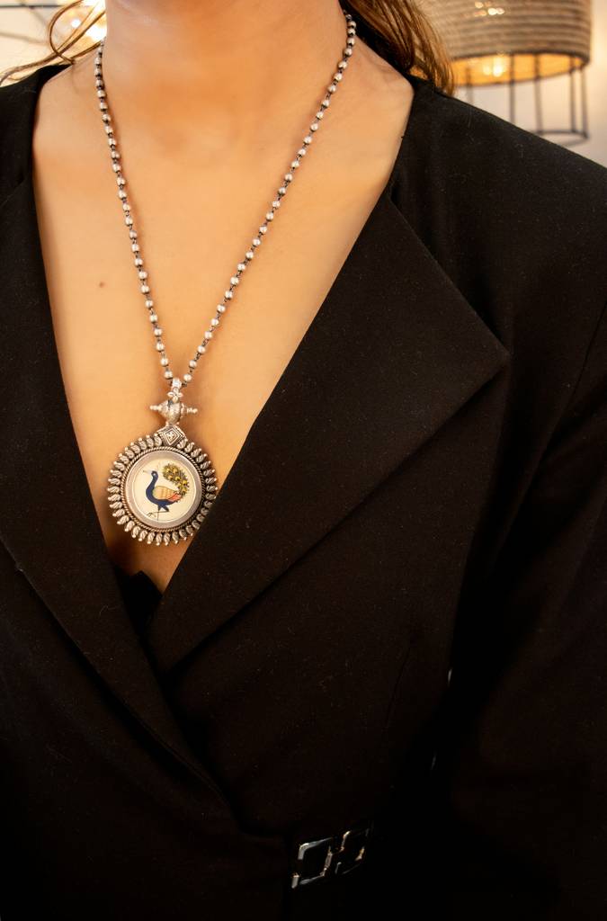 925 Sterling Silver Moh Handpainted Peacock Ball Chain Necklace : SN203098