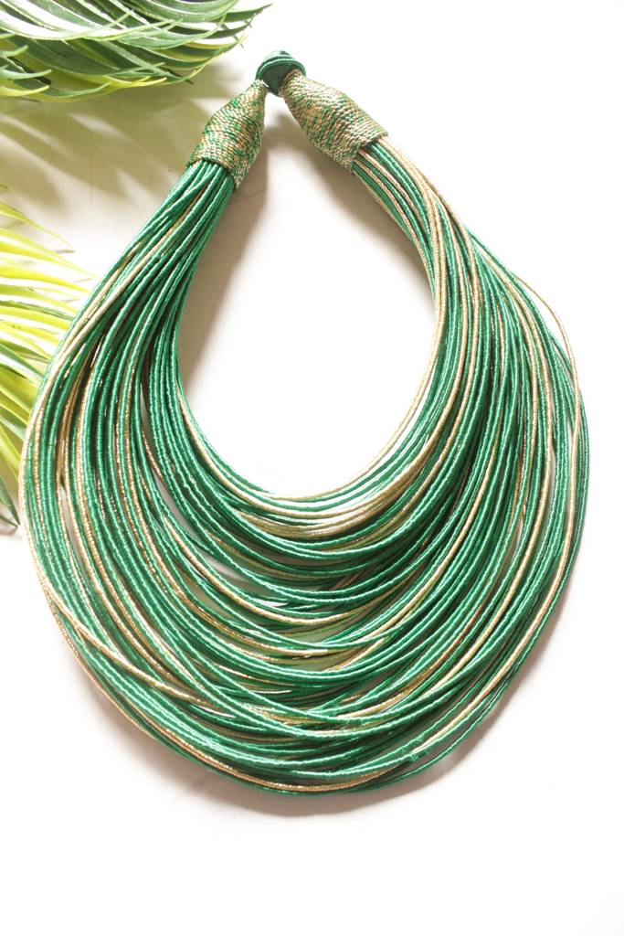 Green And Gold Handmade Silk Threads Multi-Layer Statement African Choker Necklace : ALT-JEW-RWT-193