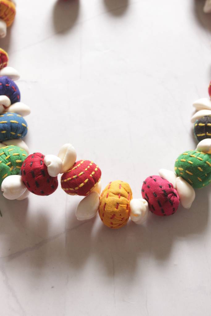 Upcycled Fabric Kantha Embroidered Handmade Necklace Set With Cowrie Details : ALT-JEW-Sai-32