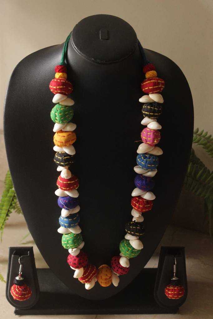Upcycled Fabric Kantha Embroidered Handmade Necklace Set With Cowrie Details : ALT-JEW-Sai-32