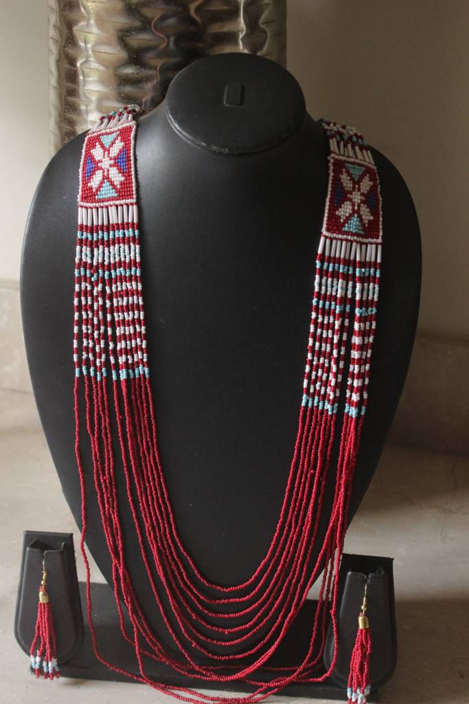 Red Hand Beaded Long Necklace Set : ALT-JEW-AEX-51
