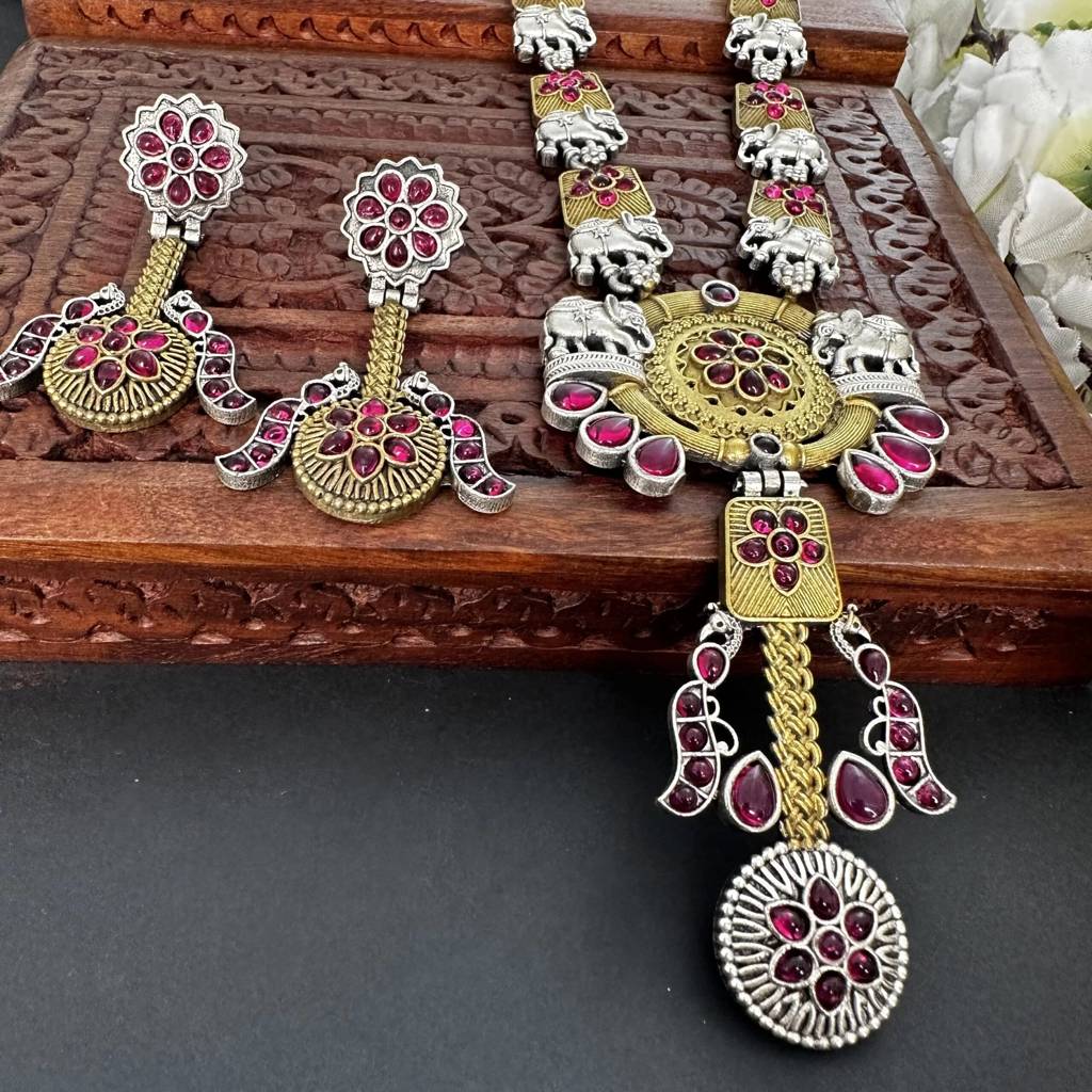 Tribal Dual Tone Elephant Motif Long Necklace : BJ-0795_PK