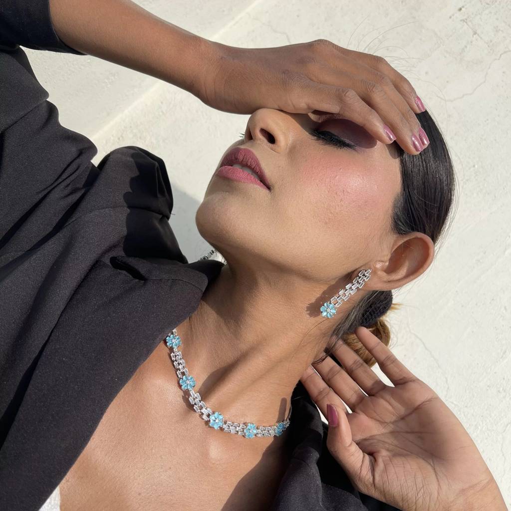 Elegant American Diamond Studded Turquoise Colour Stone Necklace Set : R57