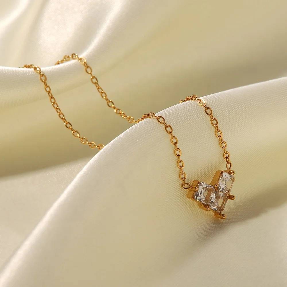 18Kt Gold Plated Minimalistic Geometric Cubic Zirconia Flower Necklace, Dalia : Dalia