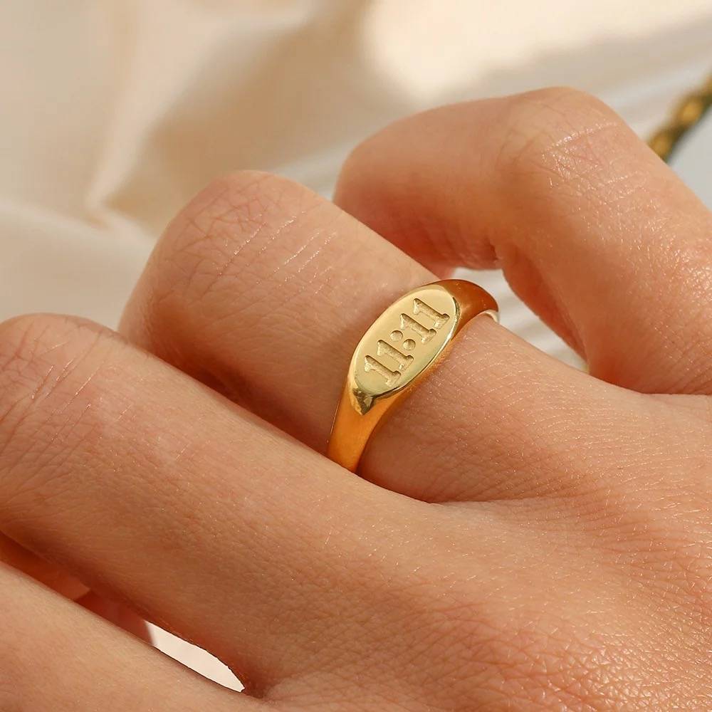 18Kt Gold Plated Angel Number 11:11 Engraved Ring, Saanvi : Saanvi
