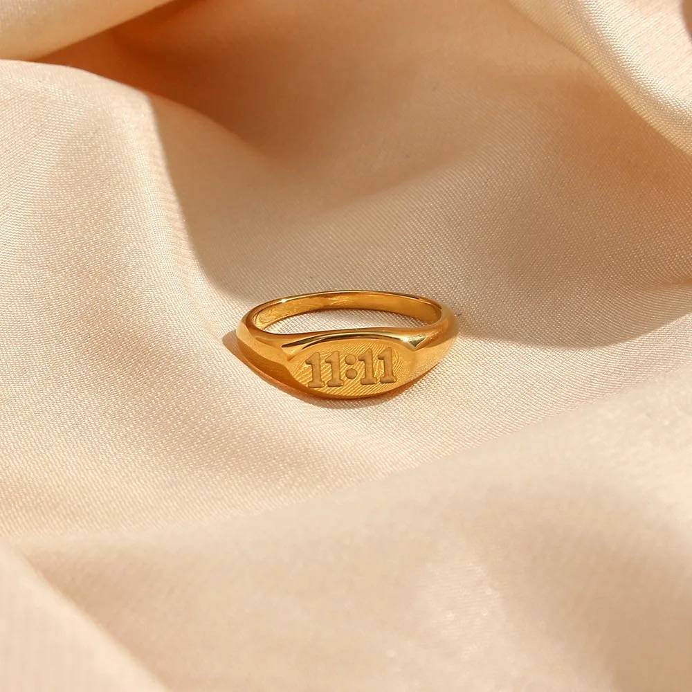 18Kt Gold Plated Angel Number 11:11 Engraved Ring, Saanvi : Saanvi