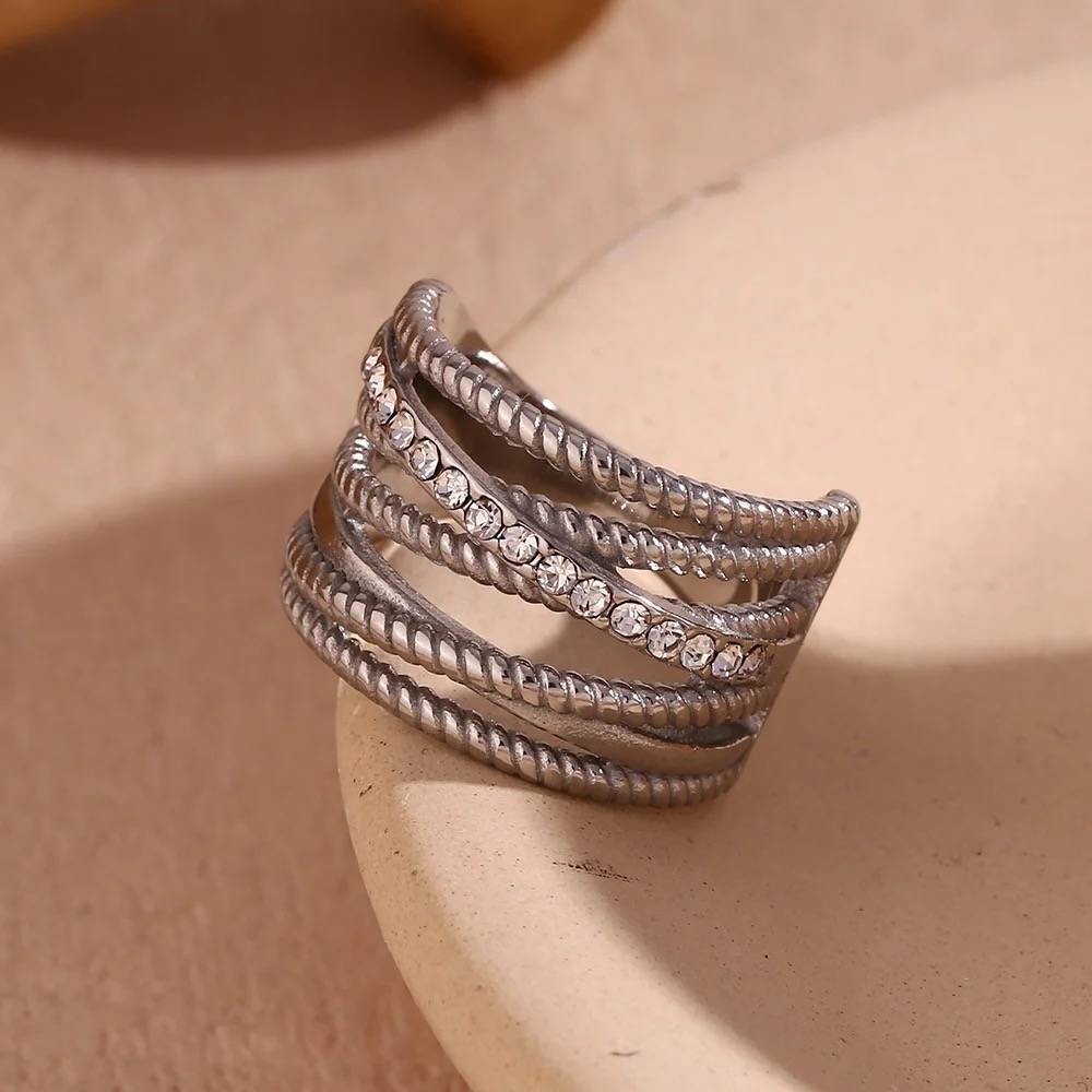 18Kt Gold Plated Multilayer Hollow Twisted Crystal Rhinestone Open Ring, Niya : Niya
