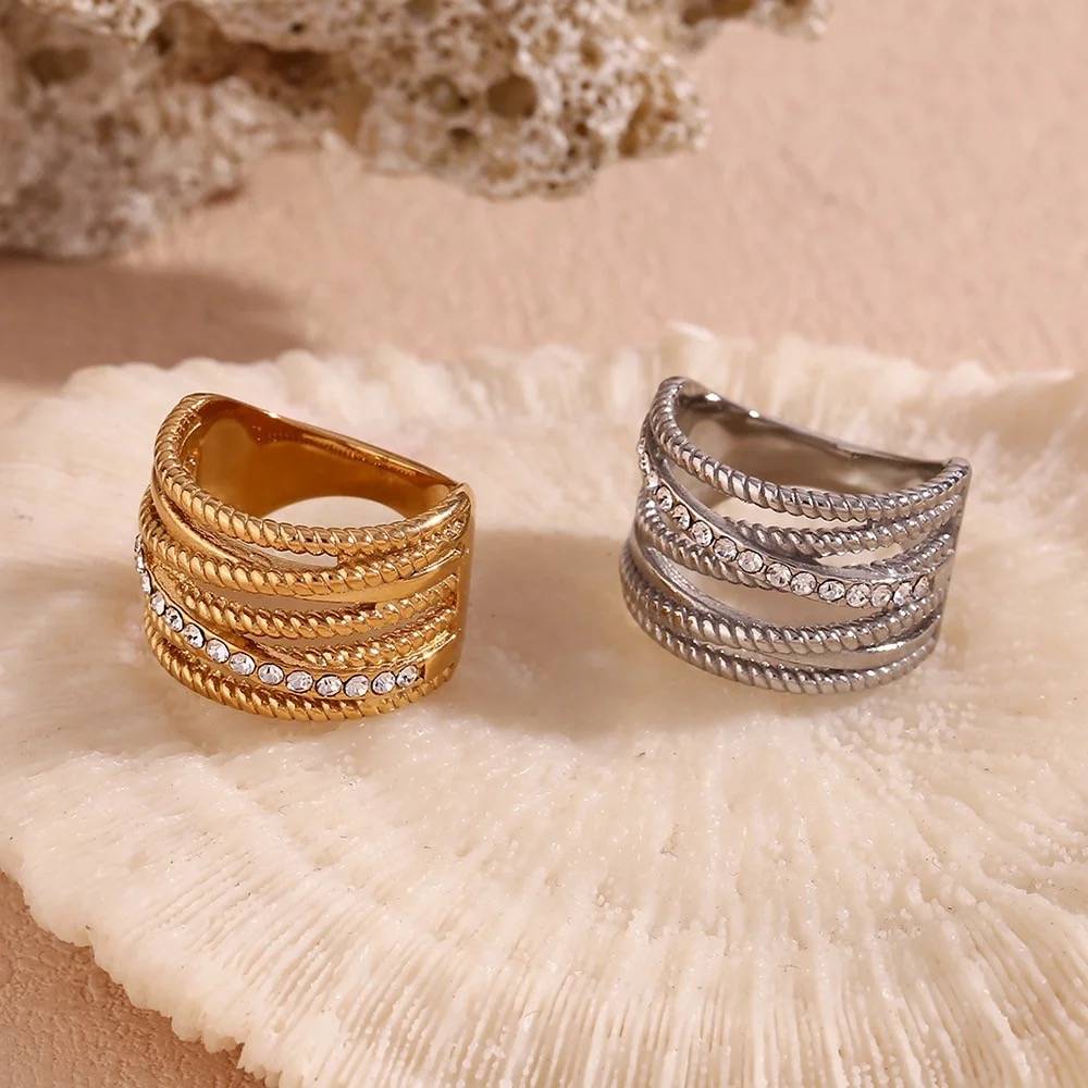 18Kt Gold Plated Multilayer Hollow Twisted Crystal Rhinestone Open Ring, Niya : Niya
