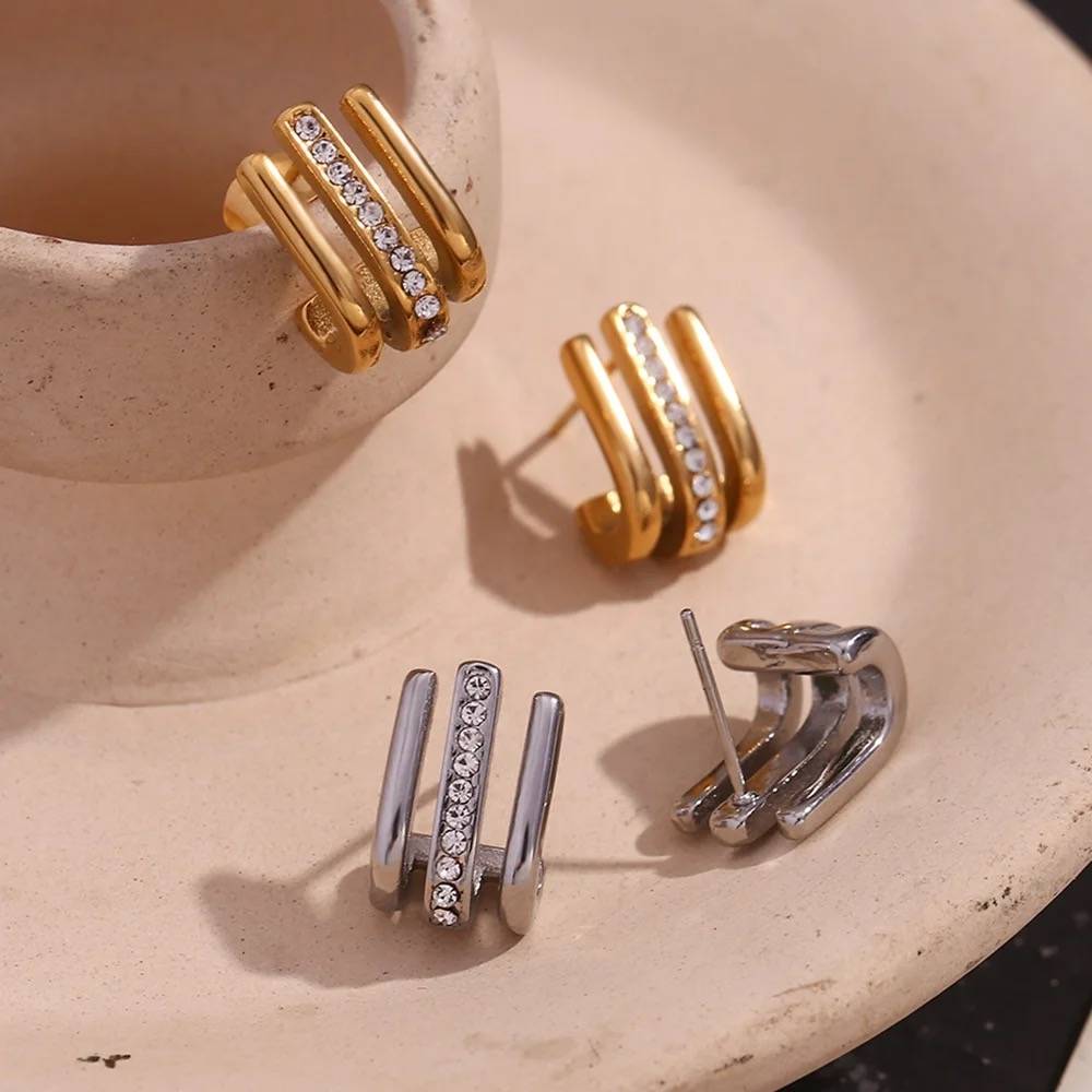 18Kt Gold Plated Minimalistic Multilayer Crystal Rhinestone Earrings, Mysa : Mysa
