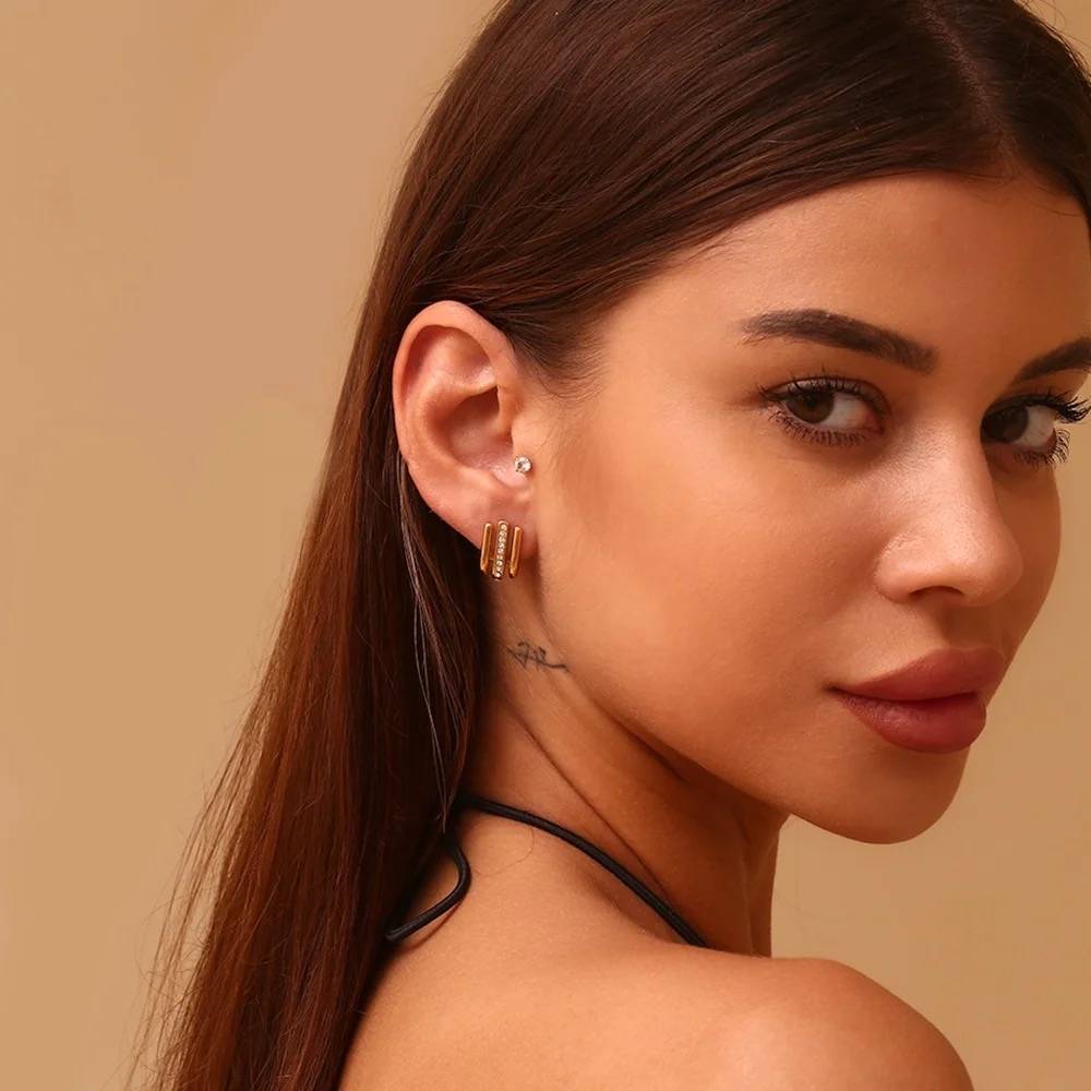 18Kt Gold Plated Minimalistic Multilayer Crystal Rhinestone Earrings, Mysa : Mysa