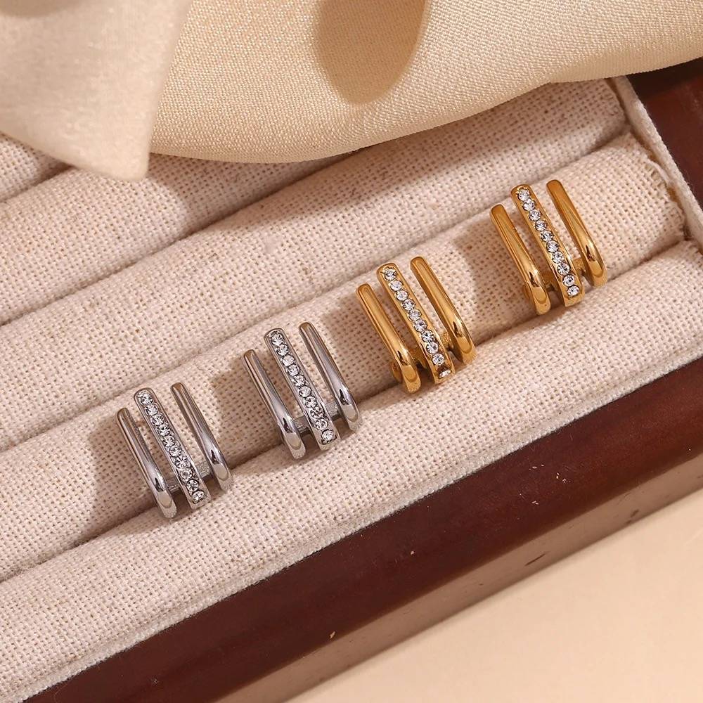 18Kt Gold Plated Minimalistic Multilayer Crystal Rhinestone Earrings, Mysa : Mysa