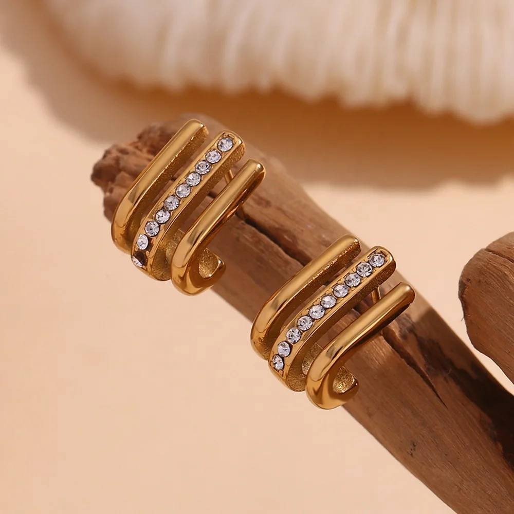 18Kt Gold Plated Minimalistic Multilayer Crystal Rhinestone Earrings, Mysa : Mysa
