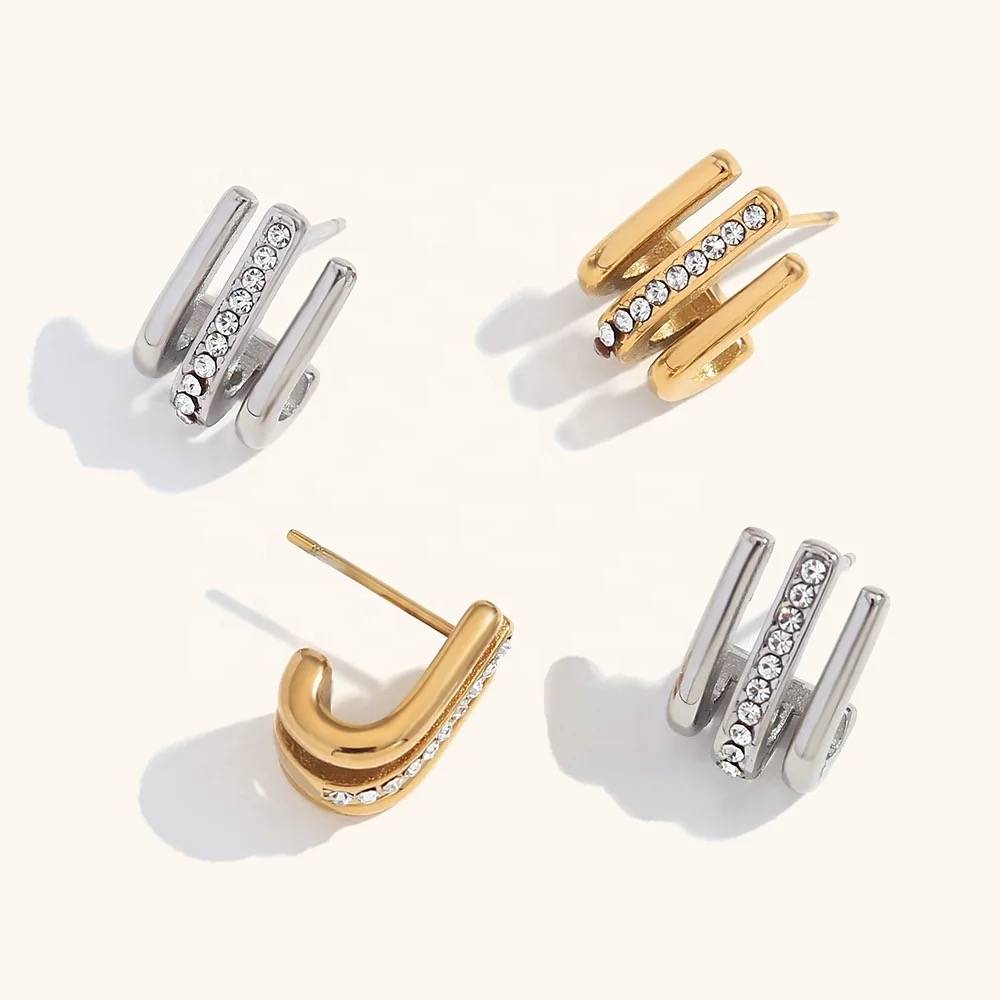 18Kt Gold Plated Minimalistic Multilayer Crystal Rhinestone Earrings, Mysa : Mysa