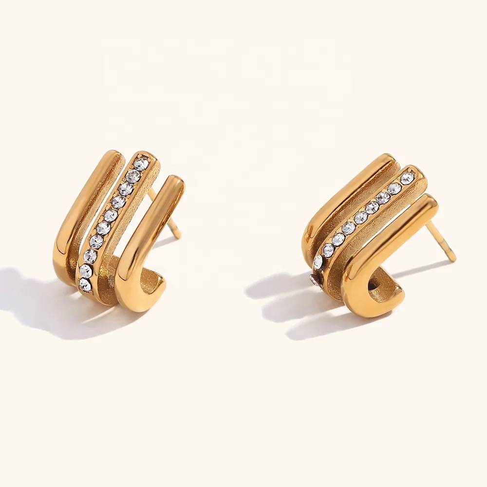 18Kt Gold Plated Minimalistic Multilayer Crystal Rhinestone Earrings, Mysa : Mysa