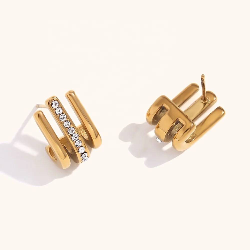 18Kt Gold Plated Minimalistic Multilayer Crystal Rhinestone Earrings, Mysa : Mysa