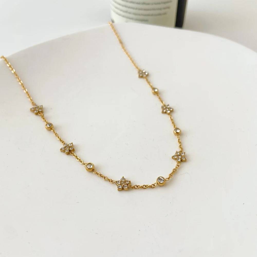 18Kt Gold Plated Cubic Zirconia Flower Charm Choker Necklace, Myra : Myra