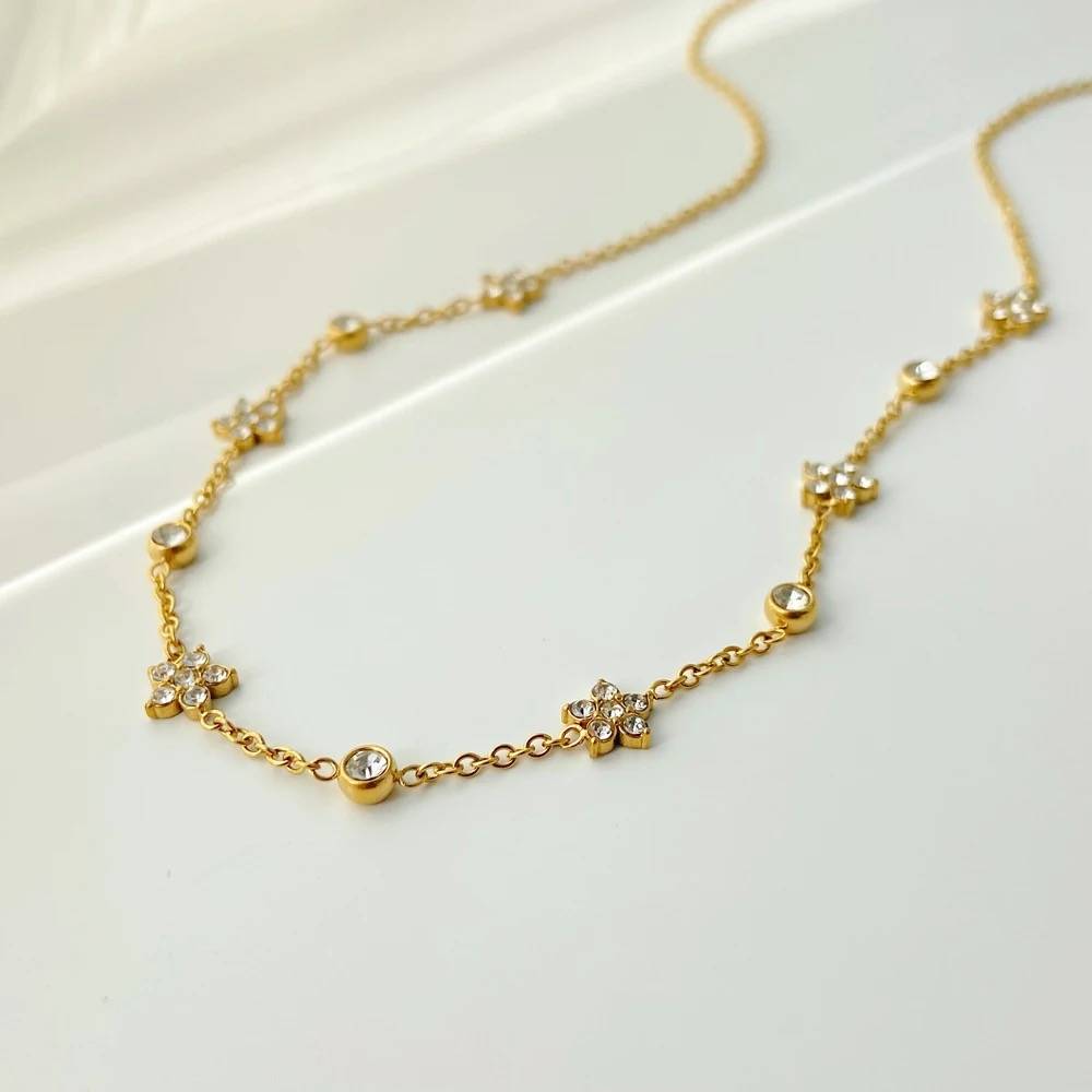 18Kt Gold Plated Cubic Zirconia Flower Charm Choker Necklace, Myra : Myra