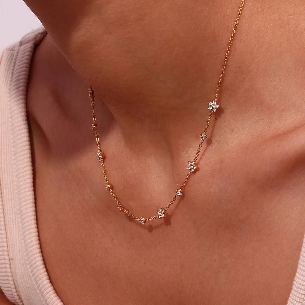 18Kt Gold Plated Cubic Zirconia Flower Charm Choker Necklace, Myra : Myra