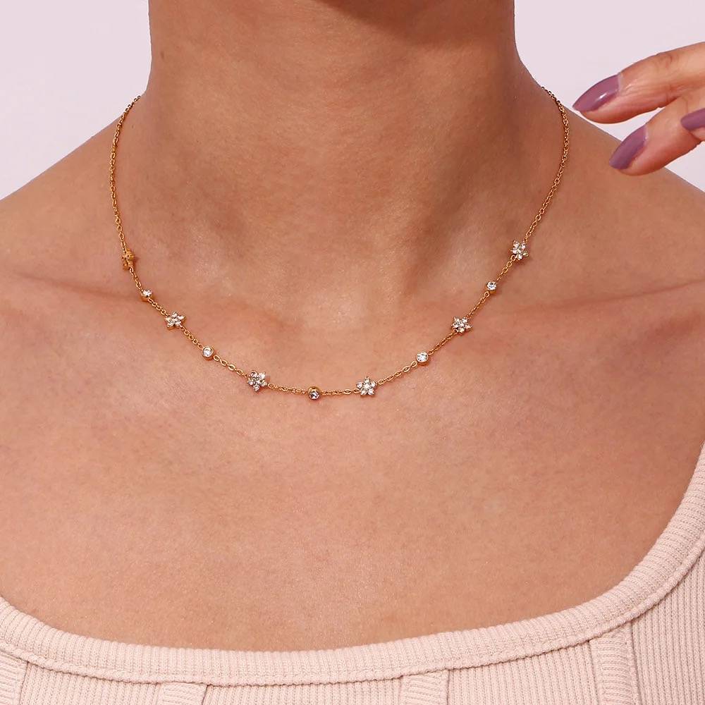 18Kt Gold Plated Cubic Zirconia Flower Charm Choker Necklace, Myra : Myra