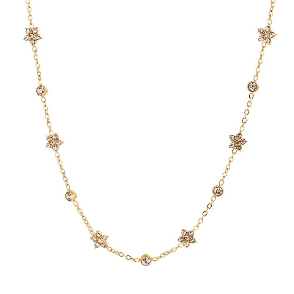 18Kt Gold Plated Cubic Zirconia Flower Charm Choker Necklace, Myra : Myra