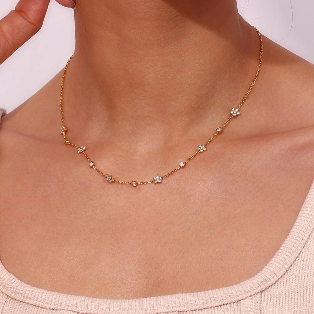18Kt Gold Plated Cubic Zirconia Flower Charm Choker Necklace, Myra : Myra