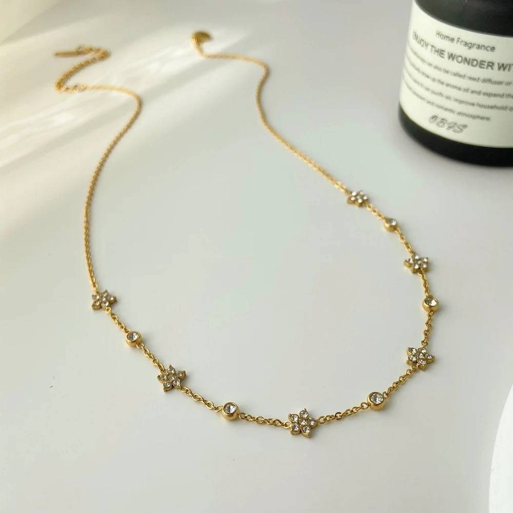 18Kt Gold Plated Cubic Zirconia Flower Charm Choker Necklace, Myra : Myra