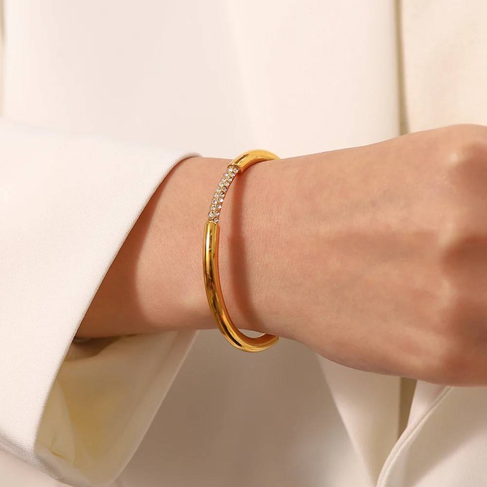 18Kt Gold Plated Demi Fine White Zircon Adjustable Cuff Bracelet, Naomi : INNAOMI