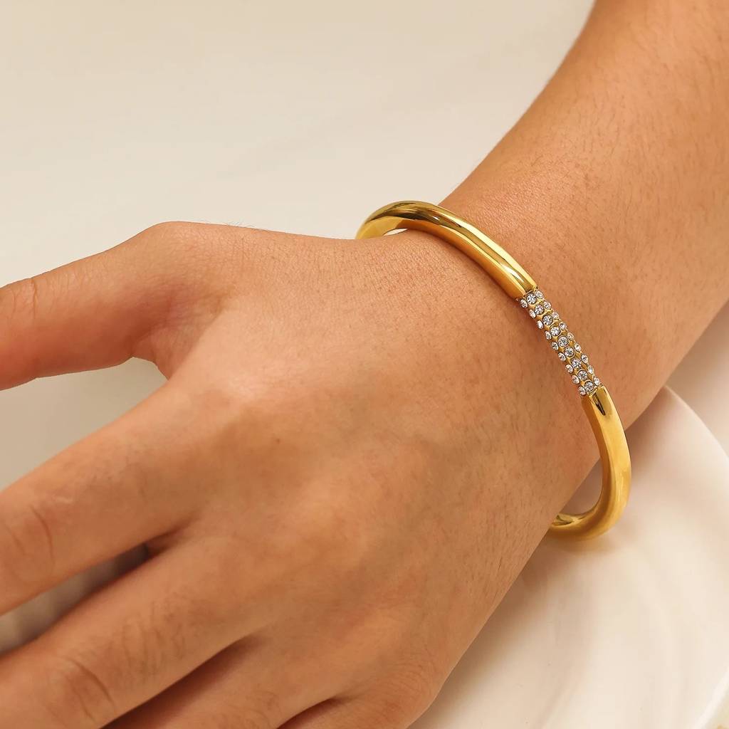 18Kt Gold Plated Demi Fine White Zircon Adjustable Cuff Bracelet, Naomi : INNAOMI
