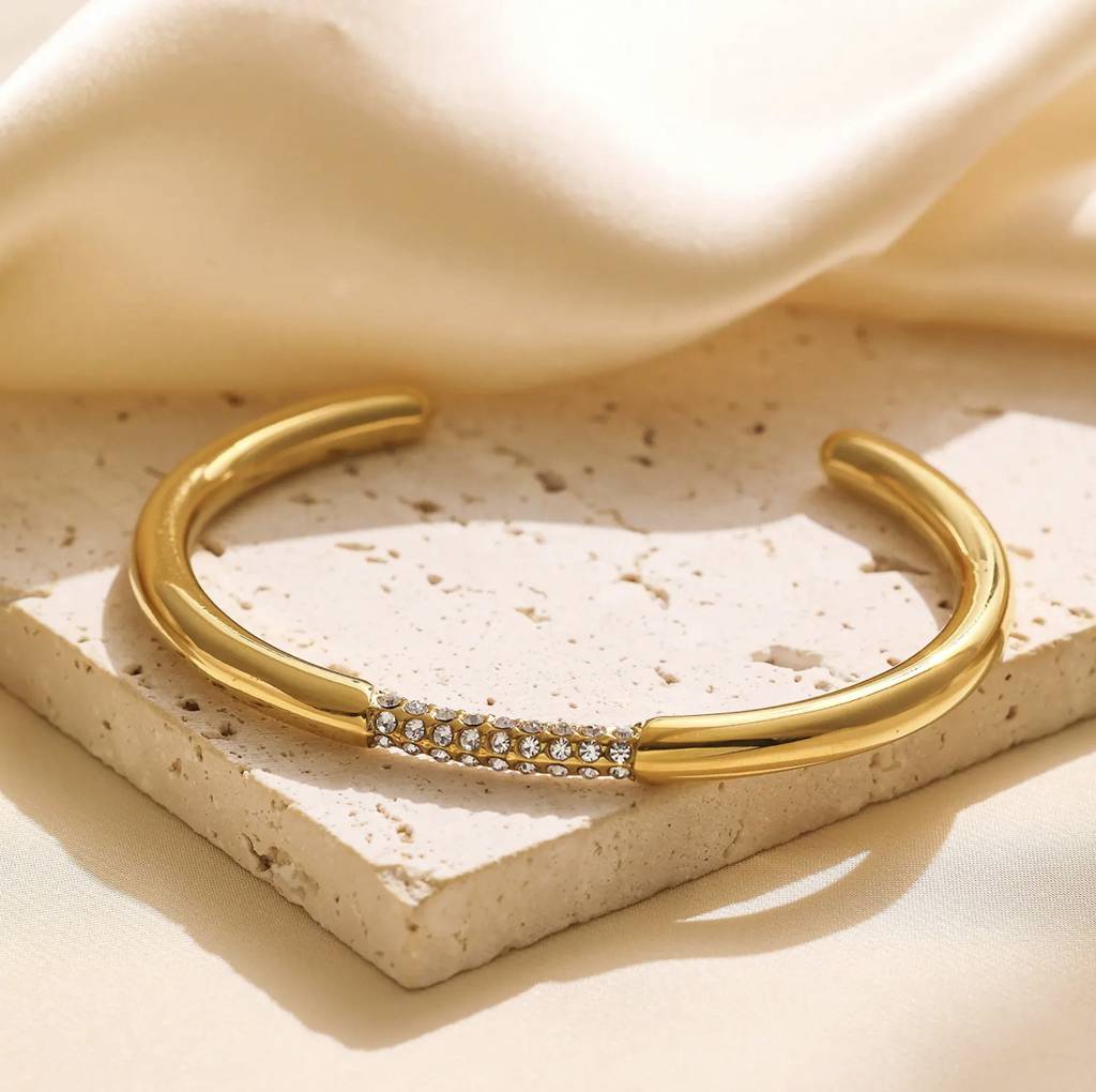 18Kt Gold Plated Demi Fine White Zircon Adjustable Cuff Bracelet, Naomi : INNAOMI