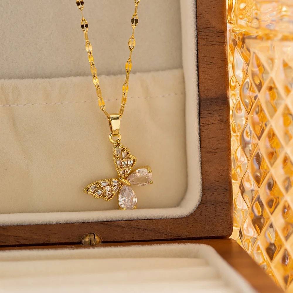 18Kt Gold Plated Crystal Rhinestone Butterfly Charm Pendant Necklace, Cynthia : Cynthia