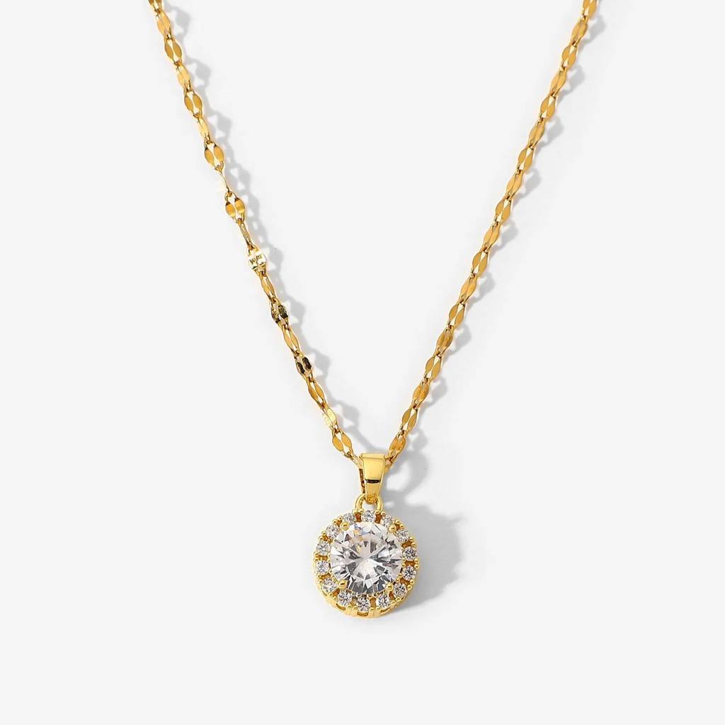 18Kt Gold Plated Twisted Chain Round Zircon Pendant Necklace, Enid : Enid