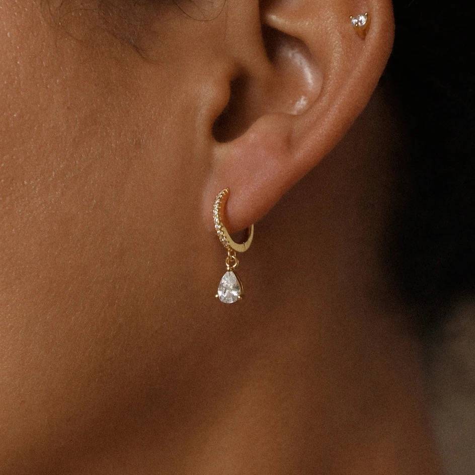 18Kt Gold Plated Demi Fine White Zircon Water Droplet Huggie Drop Earrings, Aiden : INAIDEN