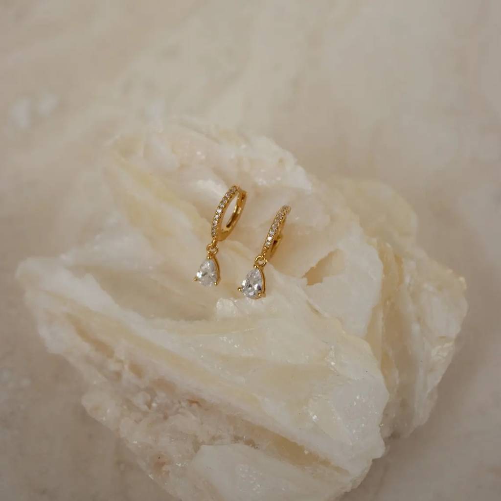 18Kt Gold Plated Demi Fine White Zircon Water Droplet Huggie Drop Earrings, Aiden : INAIDEN