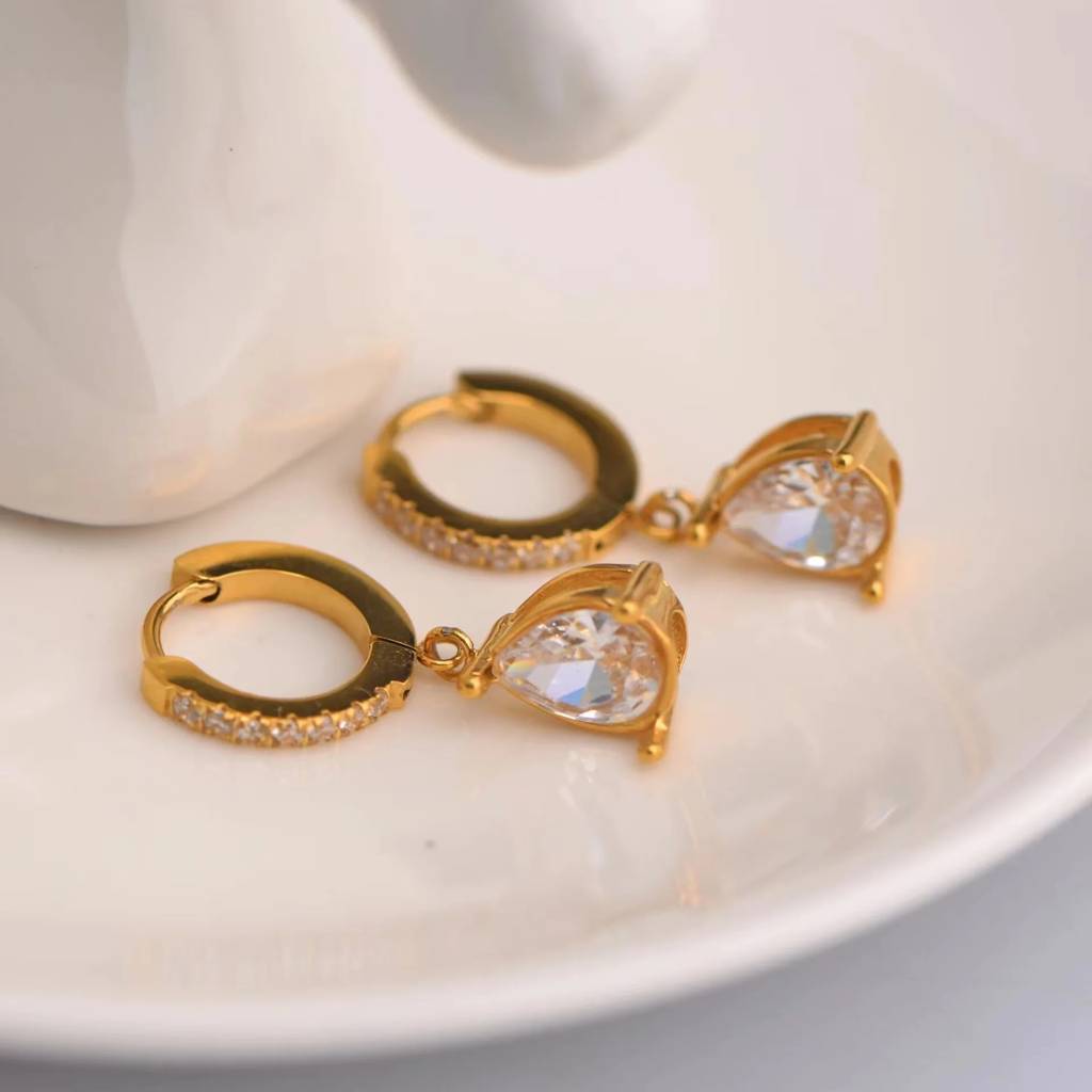 18Kt Gold Plated Demi Fine White Zircon Water Droplet Huggie Drop Earrings, Aiden : INAIDEN