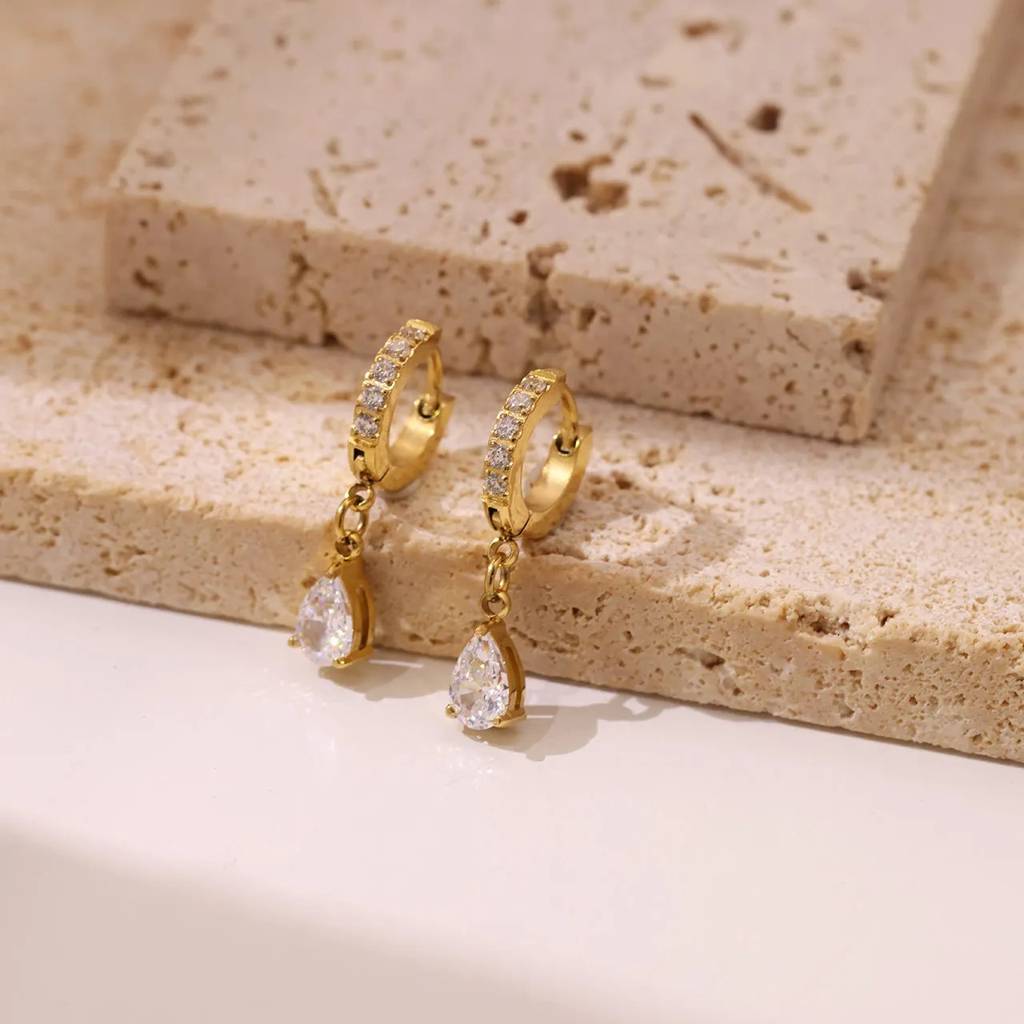 18Kt Gold Plated Demi Fine White Zircon Water Droplet Huggie Drop Earrings, Aiden : INAIDEN