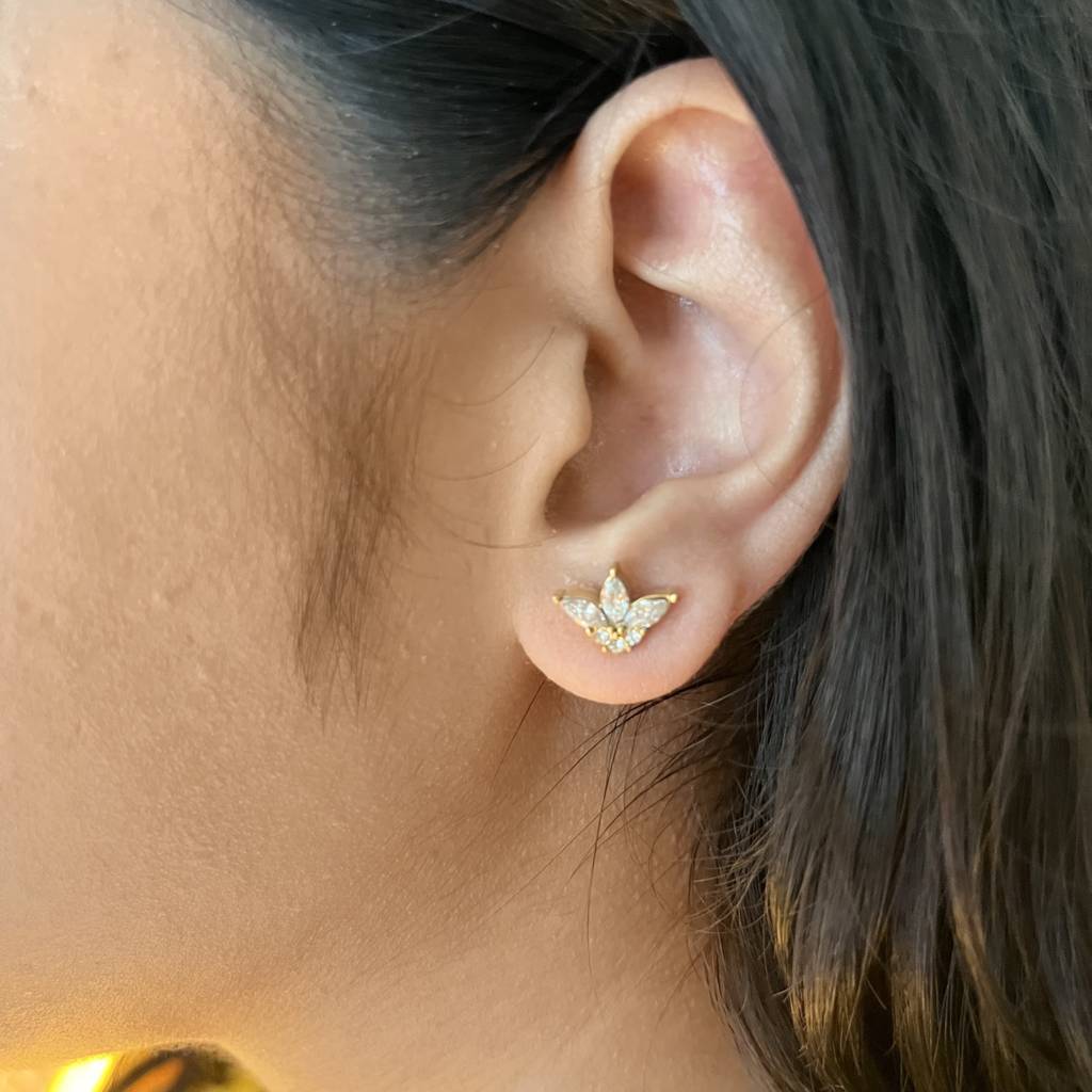 18Kt Gold Plated Dainty Piercing Inlaid Flower Zircon Stud Earring, Dora : INDORA
