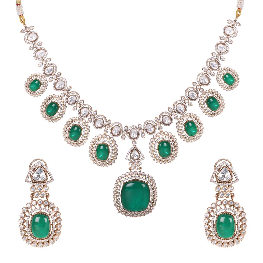 Celina Gold-Plated Kundan Necklace Set With Green Stones : RMQJ0237