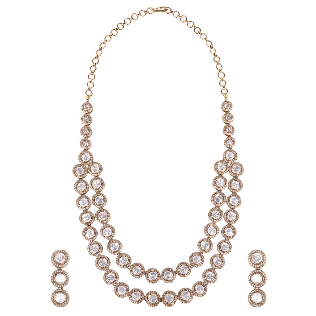 Twin Layer Elegant Victorian Gold-Plated Kundan Necklace Set : RMQJ0236