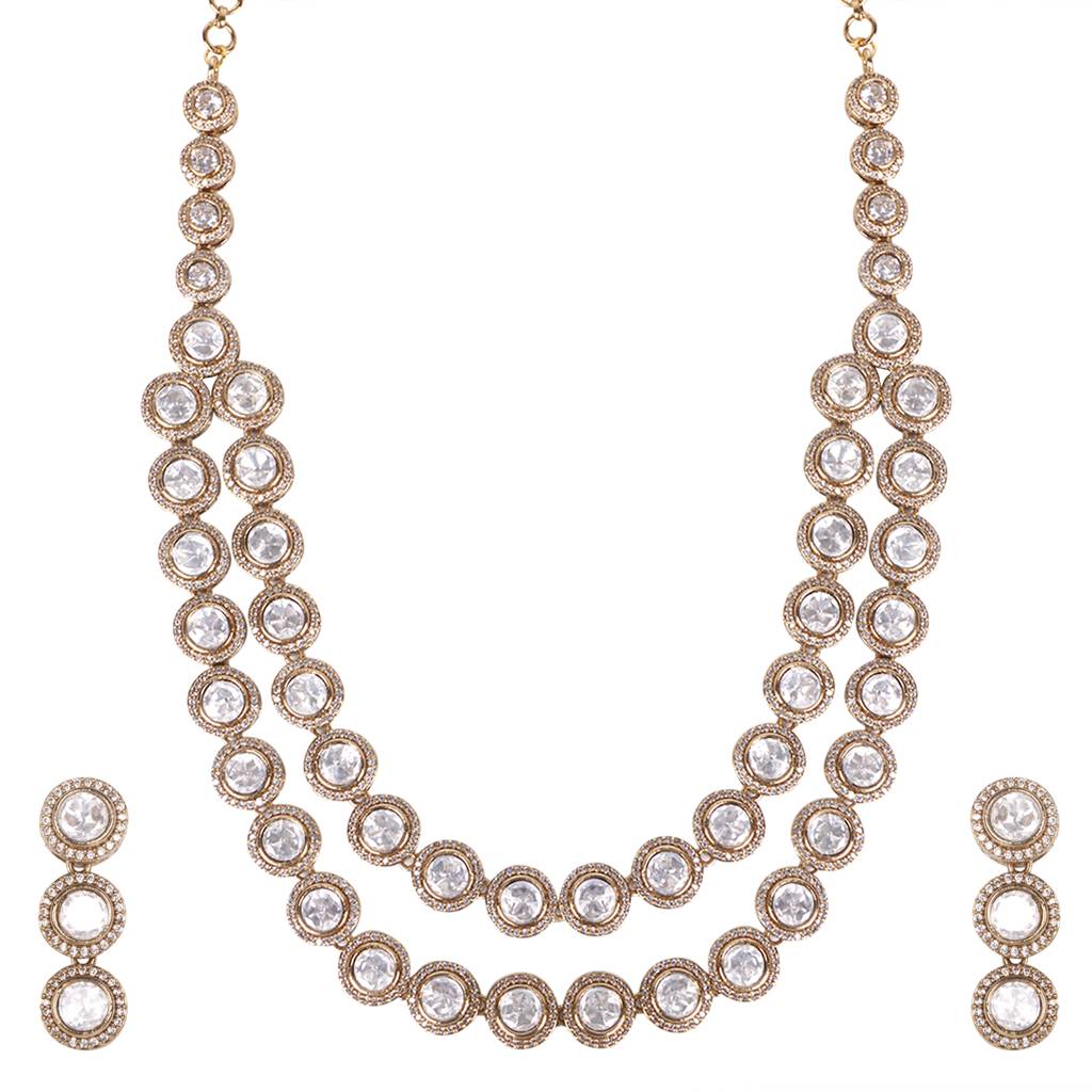 Twin Layer Elegant Victorian Gold-Plated Kundan Necklace Set : RMQJ0236