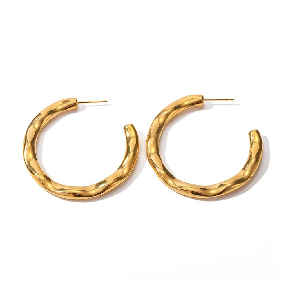 18Kt Gold Plated Hammered Lava Moon Hoop Earrings, Audrey : INAUDREY