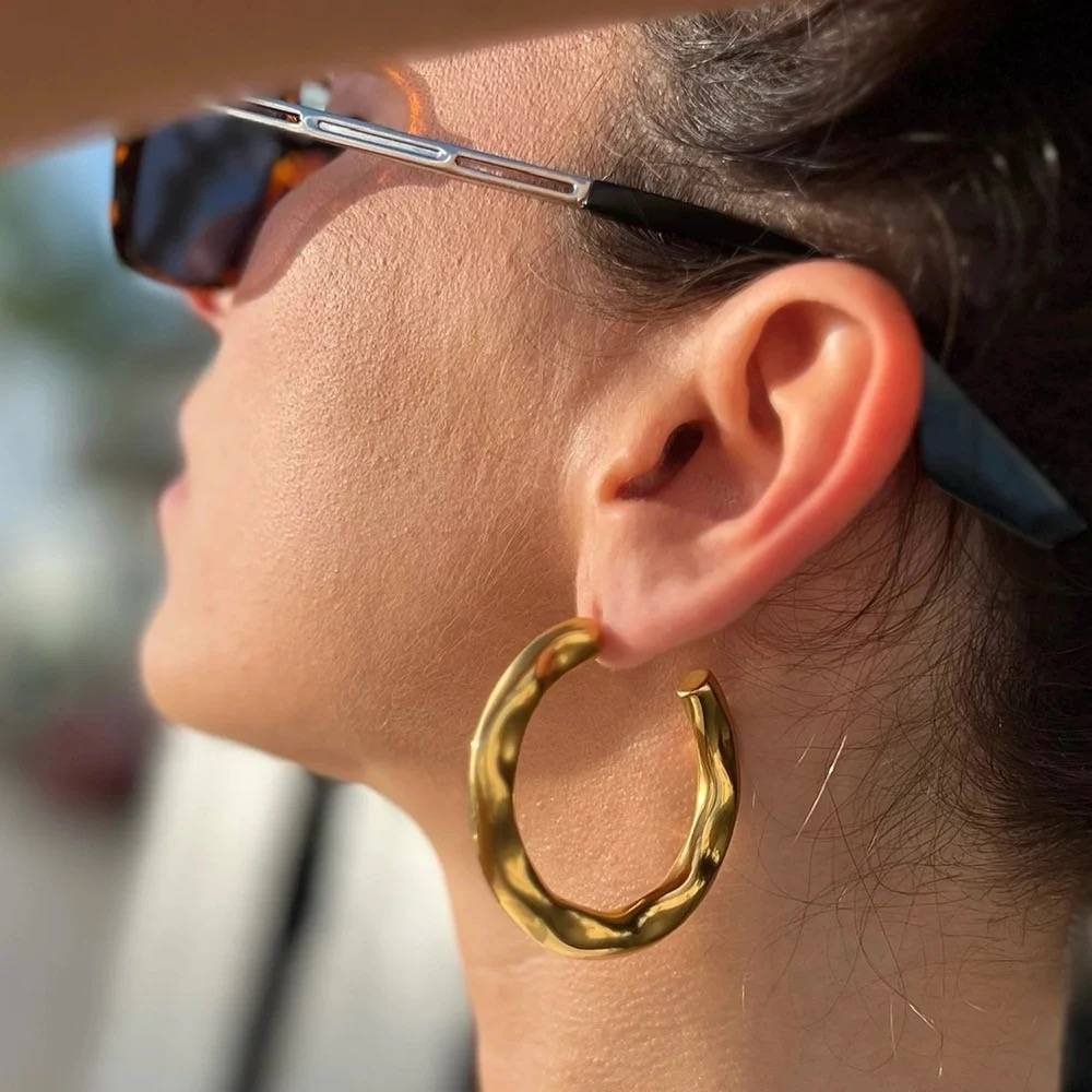 18Kt Gold Plated Hammered Lava Moon Hoop Earrings, Audrey : INAUDREY
