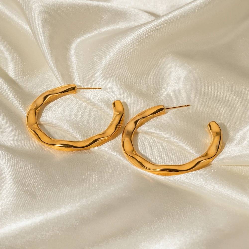 18Kt Gold Plated Hammered Lava Moon Hoop Earrings, Audrey : INAUDREY