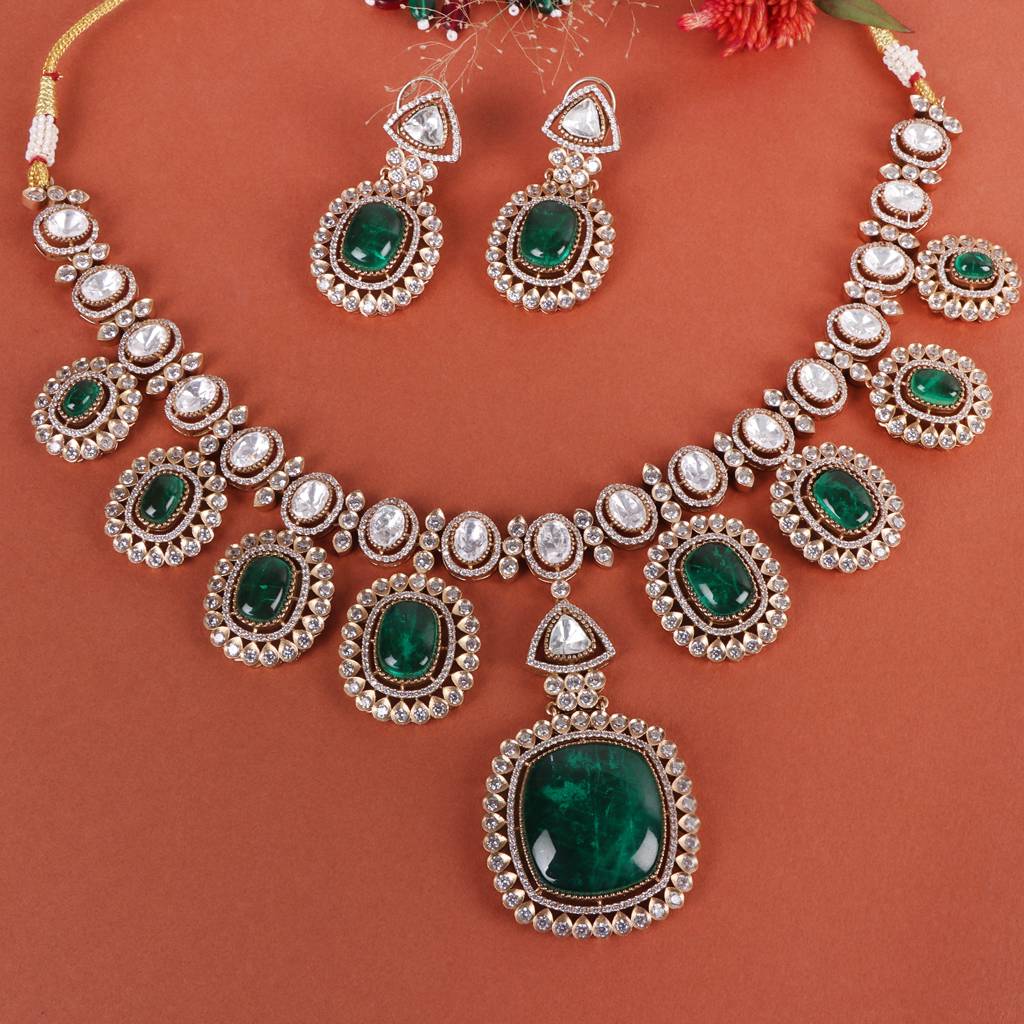 Celina Gold-Plated Kundan Necklace Set With Green Stones : RMQJ0237
