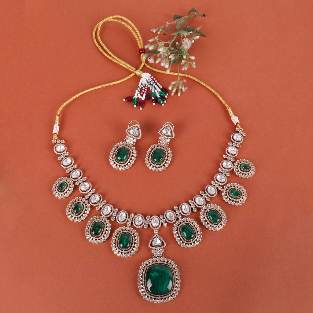 Celina Gold-Plated Kundan Necklace Set With Green Stones : RMQJ0237