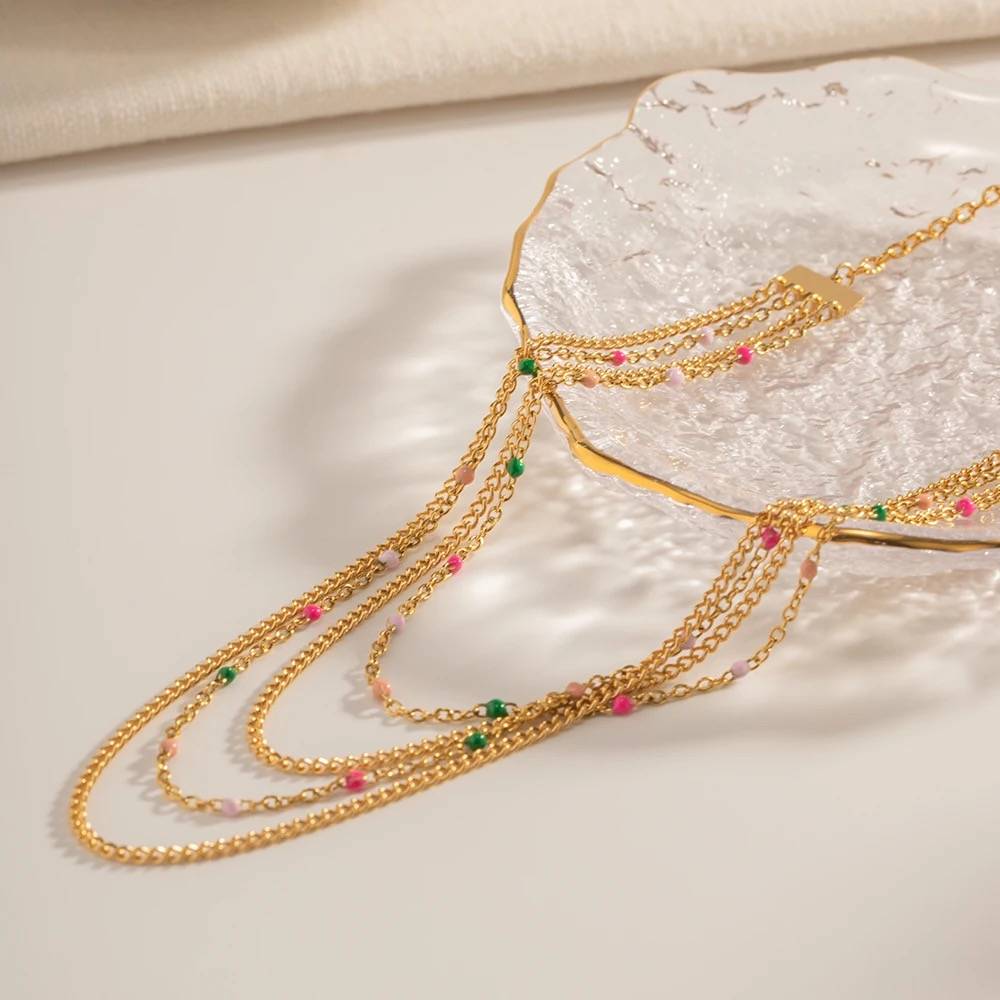 18Kt Gold Plated Multilayered Beaded Bar Necklace, Myra : INMYRA