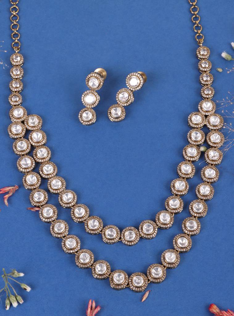 Twin Layer Elegant Victorian Gold-Plated Kundan Necklace Set : RMQJ0236