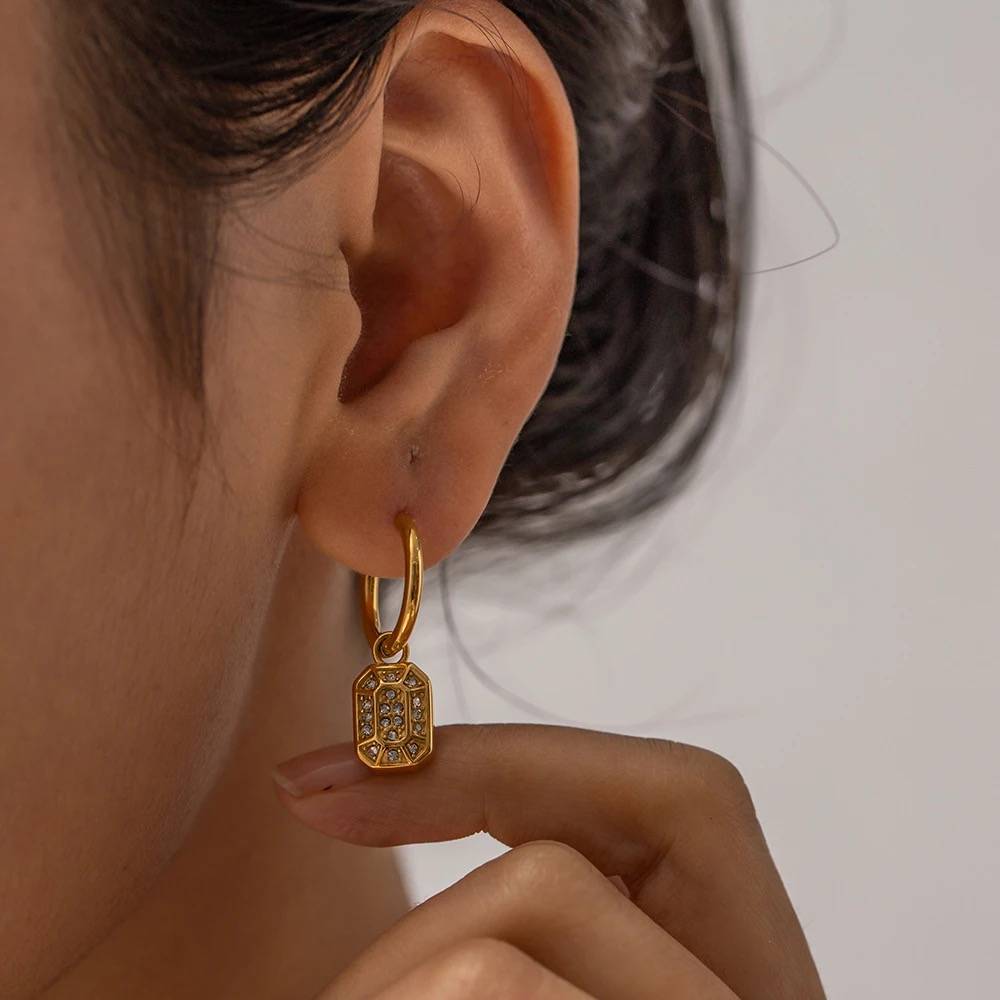 18Kt Gold Plated Rectangle Inlaid Zircon Earrings, Blair : INBLAIR