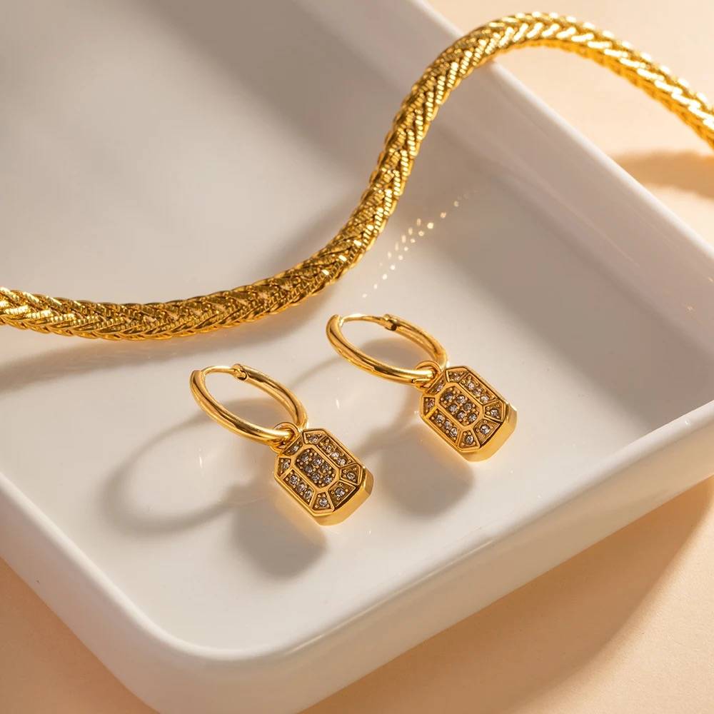 18Kt Gold Plated Rectangle Inlaid Zircon Earrings, Blair : INBLAIR
